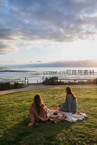 双人背影观海野餐：夕阳下的草地与海浪交响曲