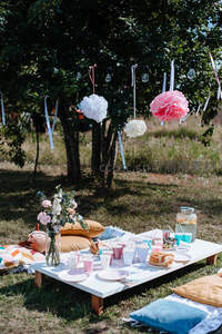 树荫下精致野餐布置，彩纸花灯与鲜花点缀的田园风茶点桌