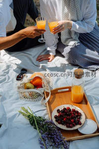 两人举杯共饮橙汁，野餐布上樱桃与鲜花相伴