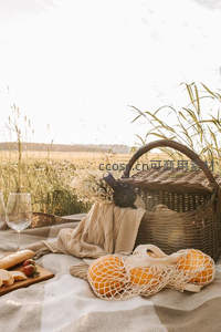 格纹野餐布上酒瓶面包相伴，网袋橙子与麦穗点缀乡野风情