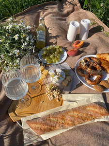 阳光下的精致野餐台：白葡萄酒、葡萄奶酪、椒盐卷饼与雏菊点缀