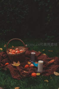 秋日林间野餐：藤篮苹果与烛光静谧时光