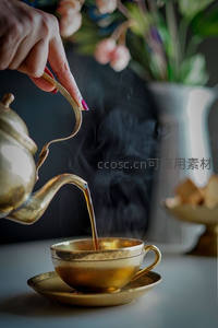 金色茶壶倾注热茶入描金瓷杯，蒸汽升腾，背景花影朦胧