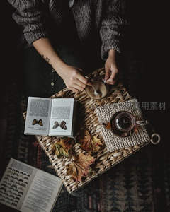 俯拍秋日阅读茶席：藤编托盘上书页、蝶图鉴、红茶与落叶交织