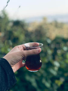 手持土耳其红茶杯，背景绿意朦胧，午后静谧时光
