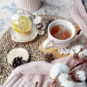 热水注入粉杯红茶，玻璃罩柠檬与棉枝松果点缀手工茶席