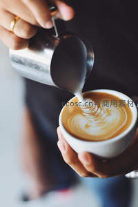 金属奶缸倾注奶泡形成叶状拉花，咖啡师手法娴熟展现专业技艺