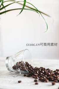 倾倒的玻璃罐洒出咖啡豆，绿叶垂落营造极简静谧氛围