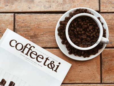 咖啡豆满溢白瓷杯，旁置《coffee t&i》杂志木质背景