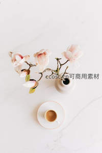 玉兰枝插素陶瓶旁配意式浓缩，大理石台面呈现春日雅致咖啡角