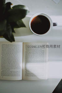 白瓷杯咖啡倾泻于书页之上，绿植点缀文艺静谧时刻