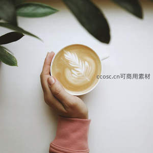 手捧拉花咖啡杯顶视角，叶形奶泡精致，绿植点缀清新日常