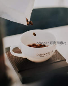 咖啡豆落入刻度杯瞬间，白色陶瓷杯置于电子秤上精准称量