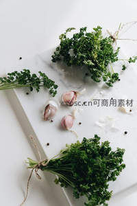 大理石板上摆放新鲜欧芹、蒜瓣与黑胡椒粒，简约清新厨房备料场景