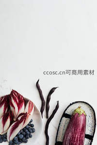 紫皮茄子、紫豆角与菊苣蓝莓创意拼盘，高对比色系静物摄影