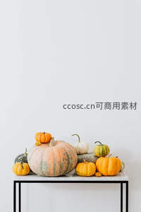 极简风格南瓜陈列：大小各异南瓜置于大理石边几上