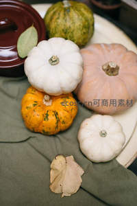 多彩小南瓜静物摆拍，搭配陶罐与枯叶，秋意盎然