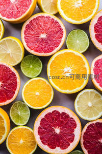 多彩柑橘切片平铺组合，红柚橙子青柠柠檬交映生辉