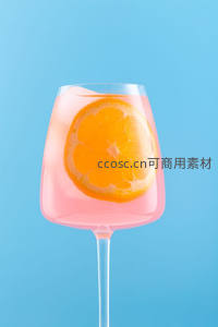 粉红气泡酒配橙片切片，蓝底极简风静物摄影