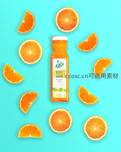 橙汁瓶居中构图，鲜橙切片环绕蓝绿背景平面摄影