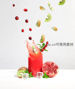 飞溅果汁瞬间：猕猴桃蔓越莓石榴冰饮动态摄影