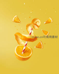 动态橙皮飞溅创意摄影，红白条纹吸管穿插橙片与果皮