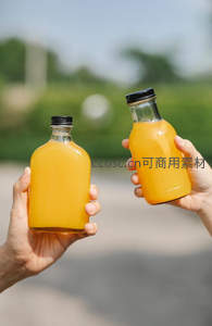 双人举杯橙汁碰杯瞬间，户外自然光下活力共享时刻