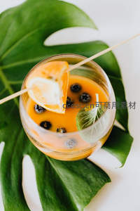 俯拍橙色果汁杯，蓝莓与橙片装饰，置于龟背竹叶上，热带风情十足
