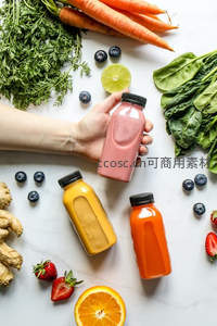 三色果蔬汁组合静物：草莓、胡萝卜与橙姜风味