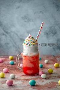 草莓奶昔配彩虹糖珠与条纹吸管，周围散落彩色糖果