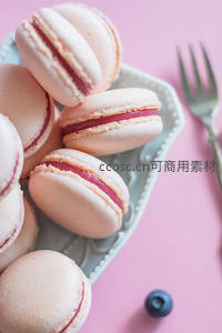 粉嫩马卡龙堆叠于青瓷碟，搭配蓝莓与银叉，柔美甜点特写