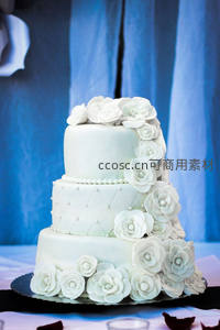 三层纯白翻糖婚礼蛋糕，立体白玫瑰 cascading 装饰，蓝幕背景典雅庄重
