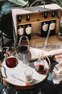 木质礼盒装红酒套装搭配品鉴托盘，含酒杯、量筒与绿植，呈现精致葡萄酒体验