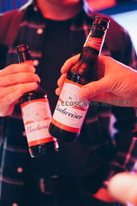 两位朋友举杯百威啤酒庆祝，暖色调灯光下尽显社交愉悦
