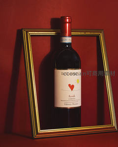 金色画框中的西拉红酒瓶，红色背景光影交错，优雅静谧