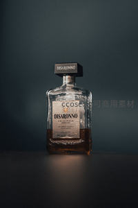 Disaronno意式利口酒方形玻璃瓶暗调静物特写