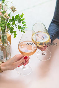 双杯轻碰：玫瑰酒与白葡萄酒在花影下的温馨举杯瞬间