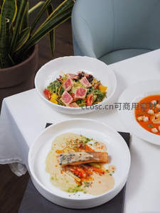 三道式精致料理：金枪鱼沙拉、奶油鱼排与番茄虾汤