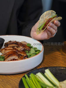 手握鸭肉卷饼，搭配黄瓜葱丝，背景为整盘烤鸭