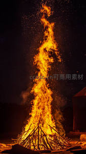 夜幕下熊熊燃烧的篝火，火星四溅照亮黑暗田野