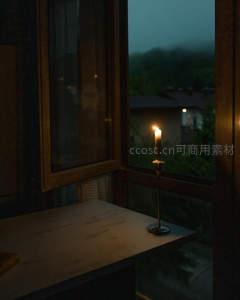 窗边烛光映衬暮色山景，室内静谧与窗外朦胧交融