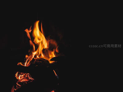 黑暗中跃动的篝火火焰，温暖而神秘的夜间营火场景