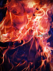 烈焰特写：炽热火焰翻腾卷曲，橙红蓝紫交织如液态光影艺术