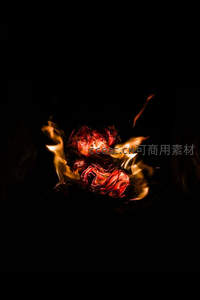 暗夜中纸张焚化，火焰包裹残卷，余烬微光闪烁