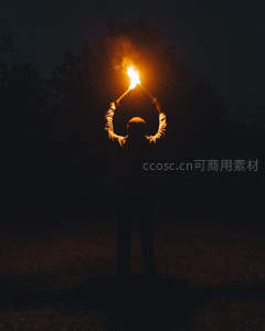 夜幕中人高举燃烧火把，剪影与烈焰交织的神秘仪式感