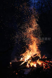 篝火迸发璀璨星雨，细密火星在夜林间划出金色弧线
