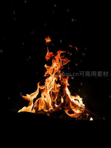烈焰腾空篝火特写，橙红火舌撕裂黑夜，火星飞舞如萤