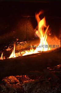 壁炉深处烈焰升腾，余烬 glow 中木柴缓慢碳化的微观景象