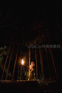 夜林中持火把的女子，暖光穿透幽暗松林，神秘而宁静