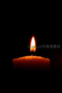 单支蜡烛静燃：柔和火苗映照蜡体纹理，黑背景凸显孤光